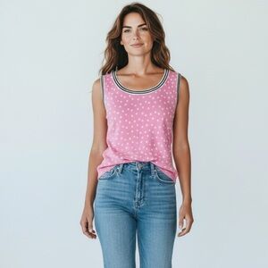 Talbots Petites Pink/White Polka Dot Contrast Trim Sleeveless Knit Top Size MP